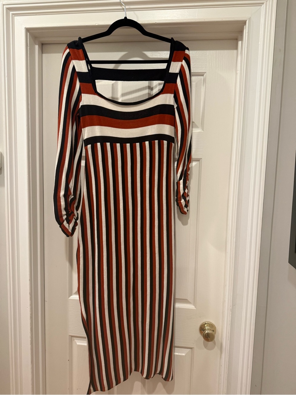 Anthropologie Striped Scoop-Neck Midi Dress in Rust, Black & Cream